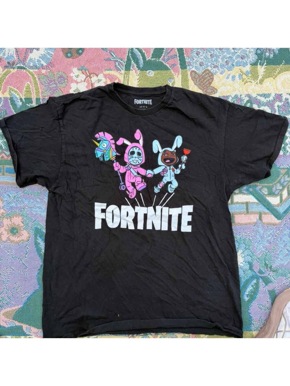 Fortnite Black Graphic T-Shirt with Bunny Characters, Size Large